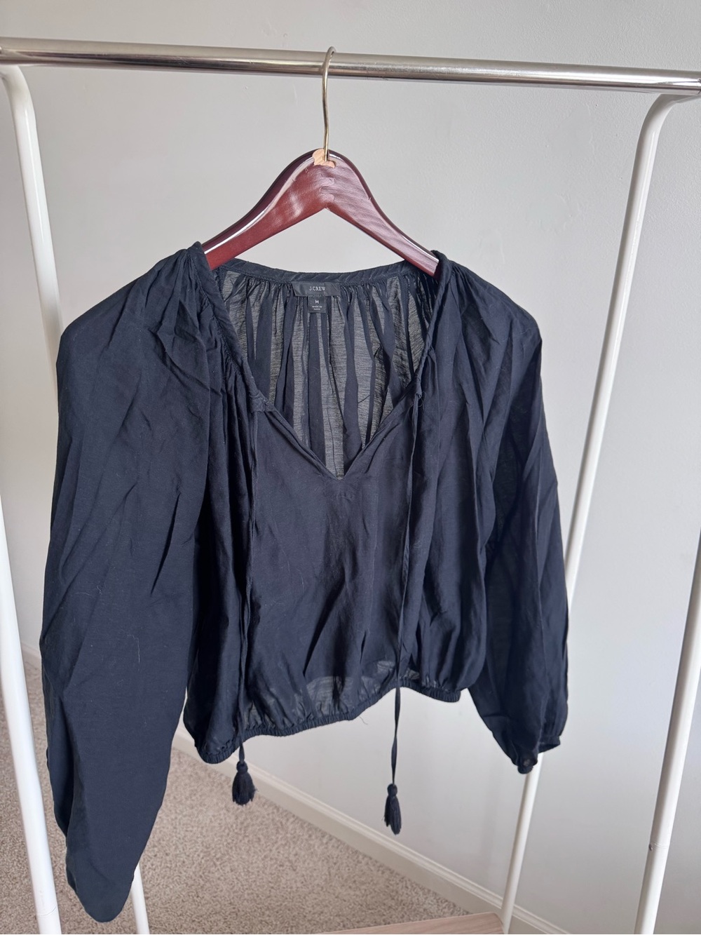 JCREW Black V-Neck Long Sleeve Peasant Top